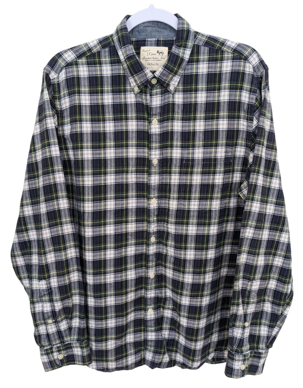J. Crew Men's Brushed Cotton Blue Green Plaid Tartan Button Down Shirt Sz L
